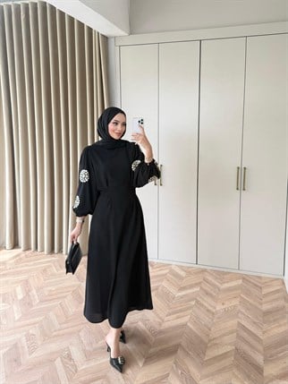 HR-0714H&R ButikMB- Nia Kol Desenli Elbise Siyah