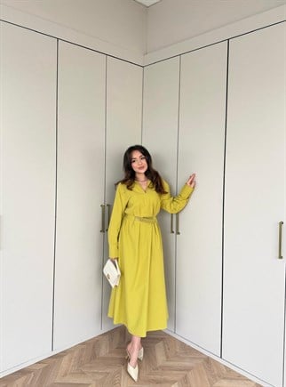 HR-0480H&R ButikMıs- Dasan Kemerli Elbise Yağ Yeşili