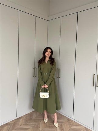 HR-0480H&R ButikMıs- Dasan Kemerli Elbise Haki