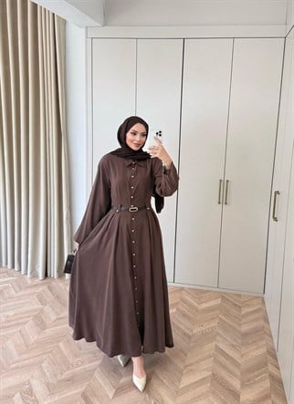HR-0858H&R ButikMoi- Seli Bel Detaylı Elbise Kahverengi