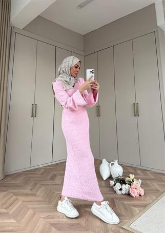 142525H&R ButikPonpon Detaylı Triko Elbise Pembe