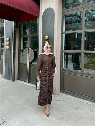HR-0295H&R ButikQal-Alew Büzgülü Elbise Kahve
