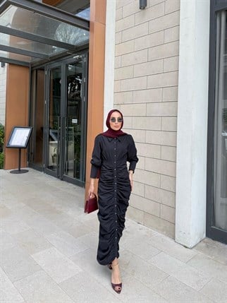 HR-0295H&R ButikQal-Alew Büzgülü Elbise Lacivert