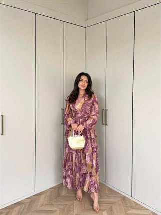 HR-0467H&R ButikQas- Ezol Katkat Renkli Elbise Mürdüm