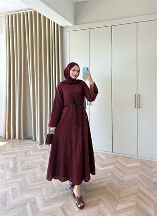 HR-1494H&R ButikTB - Gişa Keten Elbise Bordo