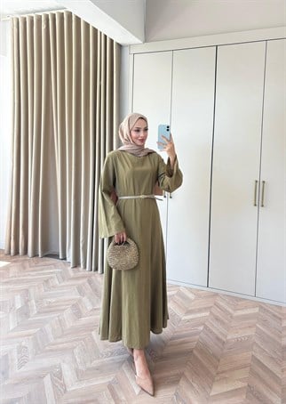 HR-1494H&R ButikTB - Gişa Keten Elbise Haki