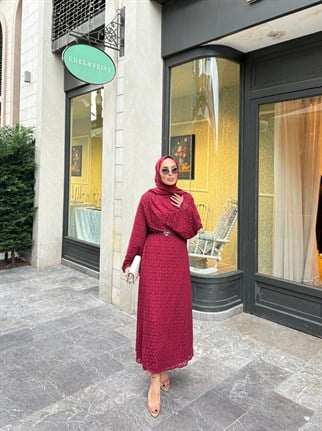 HR-0559H&R ButikTB- İndirimli Dantel Elbise Kırmızı