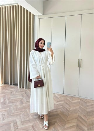 HR-1497H&R ButikTb- Öla V Ön Keten Elbise Beyaz