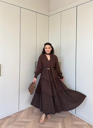 HR-0934H&R ButikTB - Püskül Detaylı Elbise Acı Kahve