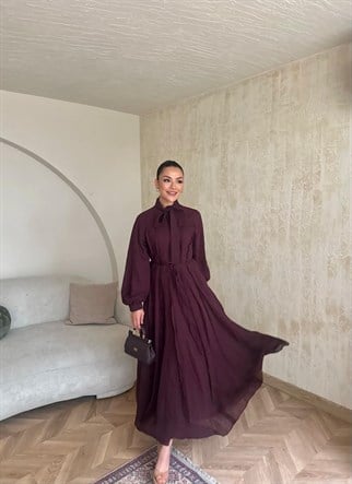 HR-0789H&R ButikTB - Wola Çizgi Detaylı Elbise Mürdüm