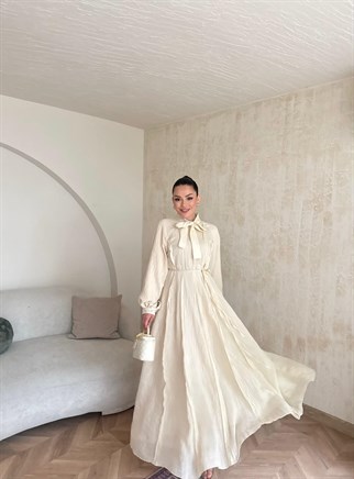HR-0789H&R ButikTB - Wola Çizgi Detaylı Elbise Ekru