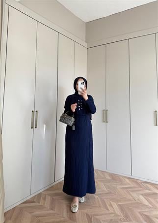 elbs-971H&R ButikTP-Ela Ön Düğmeli Soğuk İplik Triko Elbise Lacivert