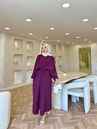 elbs-1675H&R ButikZendla Bel Bağlamalı Elbise Mürdüm