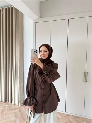 HR-0277H&R ButikHen- Büşi Ön Çiçekli Gömlek Acı Kahve