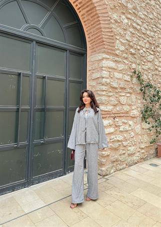 TAKM-1930H&R ButikElisa Keten Ön Bağlamlı Takım Gri