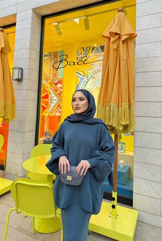 TAKM-1842H&R ButikEylül Balon Kol Etekli Takım İndigo Mavi