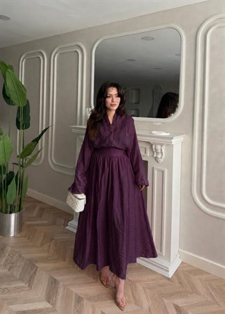 HR-1325H&R ButikTB - Elida Ön Düğmeli Etekli Takım Mürdüm