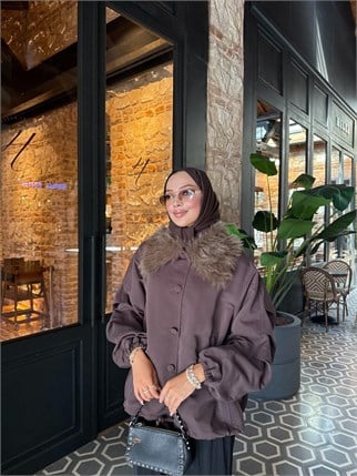 HR-2988H&R ButikFus- Leza Kürk Detaylı Gabardin Trenç Kahve