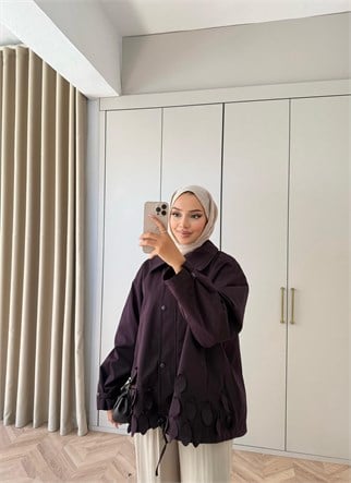 HR-2990H&R ButikFus- Yaprak Detaylı Trenç Mürdüm