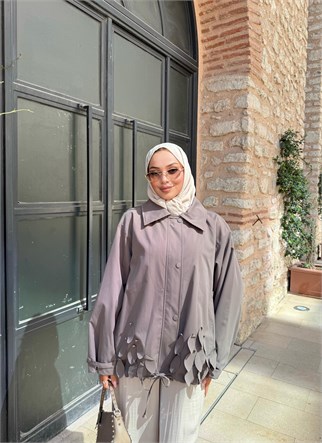 HR-2993H&R ButikFus- Yaprak Detaylı Trenç Lila