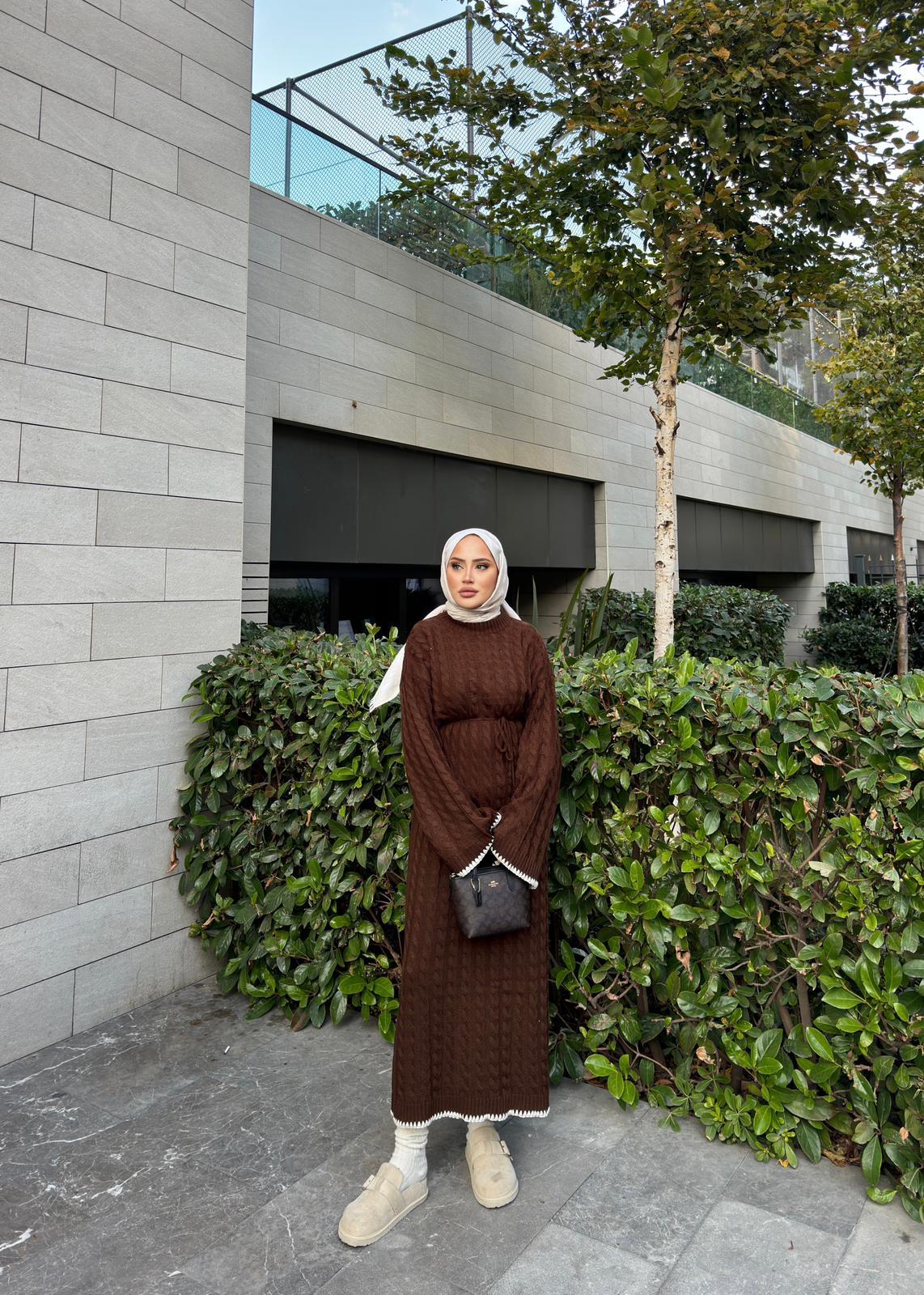 elbs-1514H&R ButikDantel Detaylı Rema Örgü Elbise Kahve