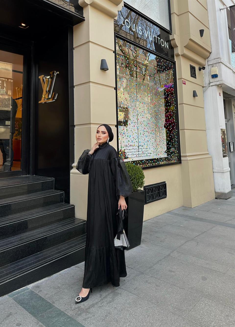 Kol Tül Detaylı Elbise Siyah - H&R Butik