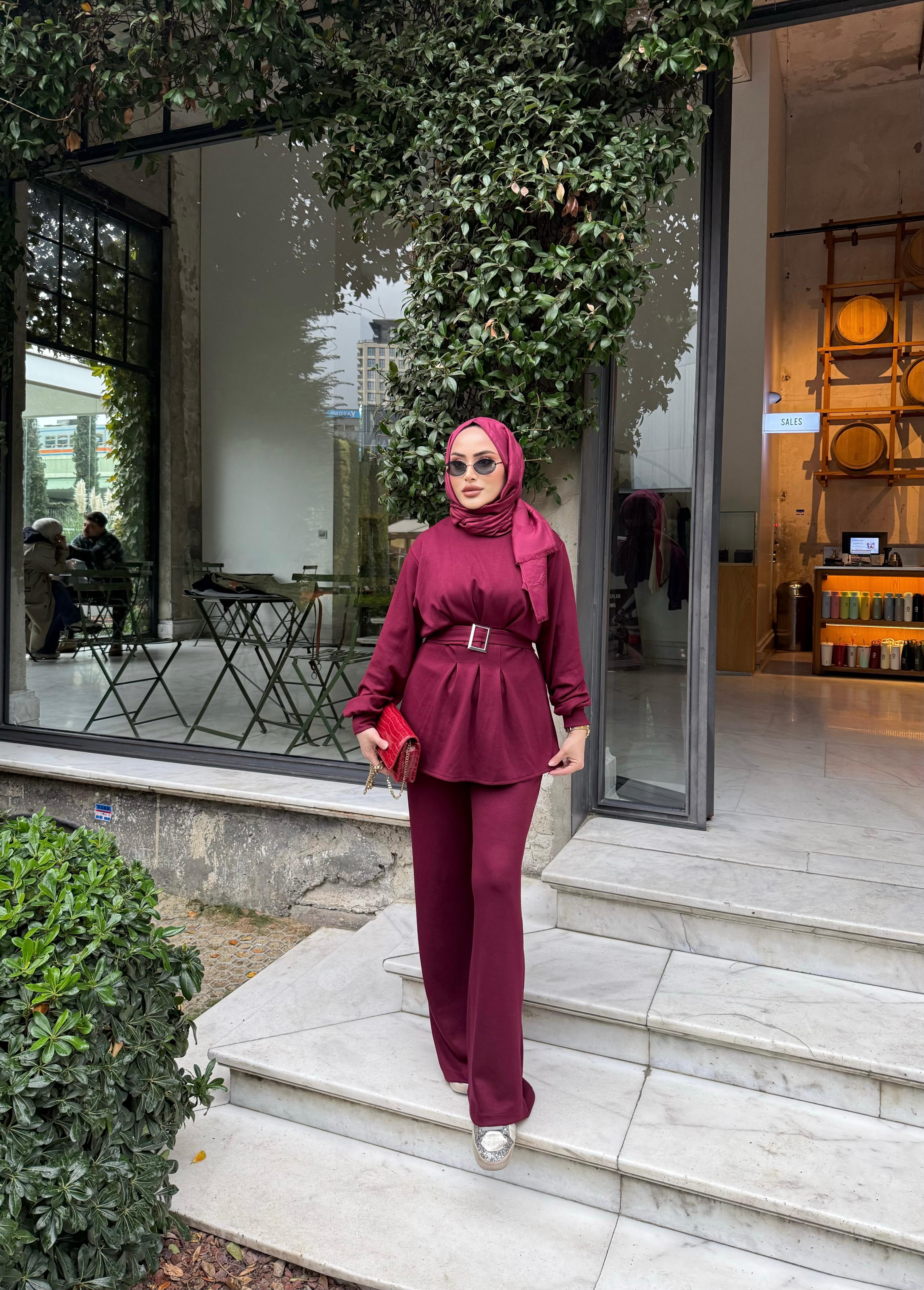 TKM-1912H&R ButikEsna Kemerli Oysh Takım Bordo