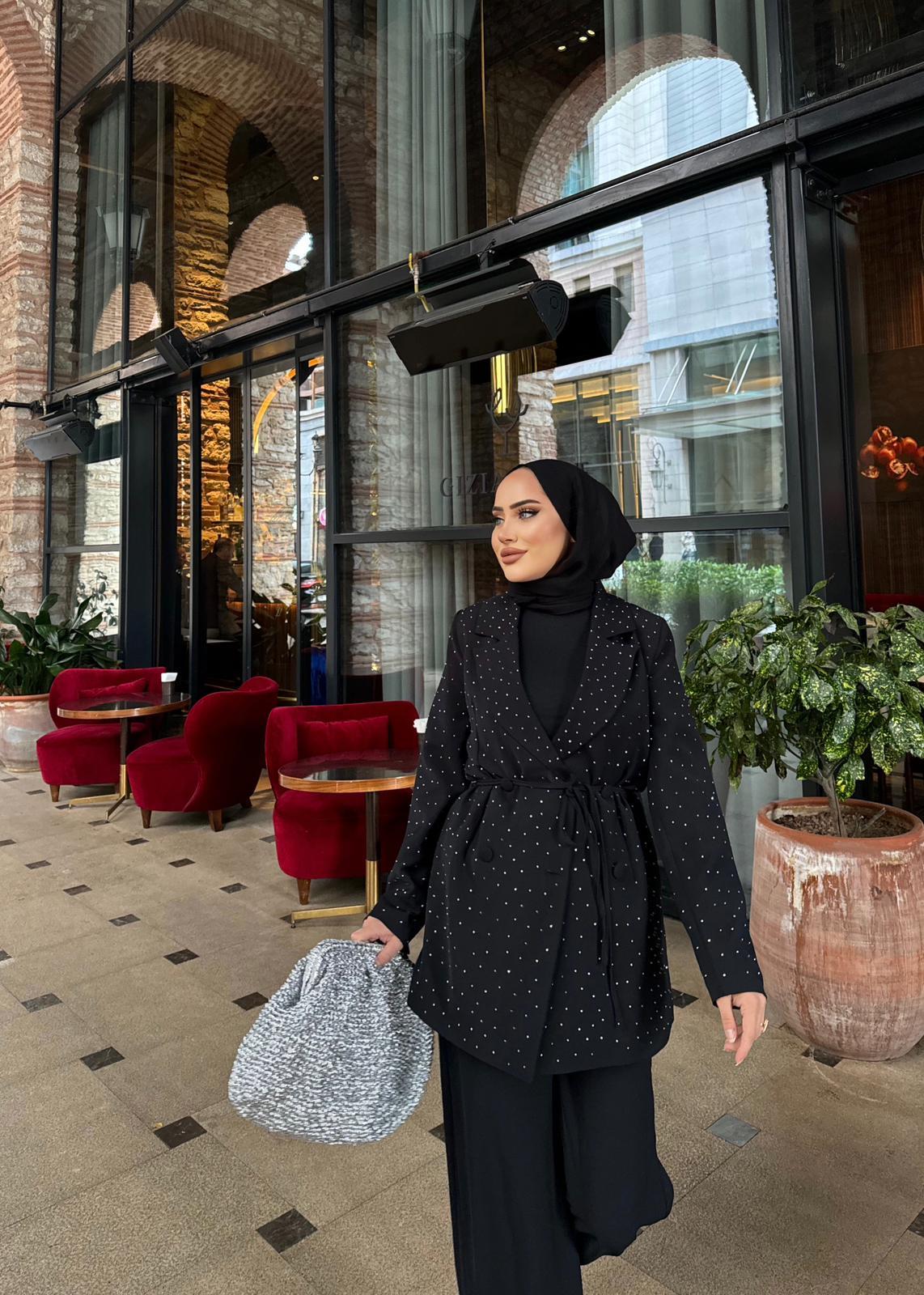 TAKM-1342H&R ButikGalve Taşlı Ceket Takım Siyah