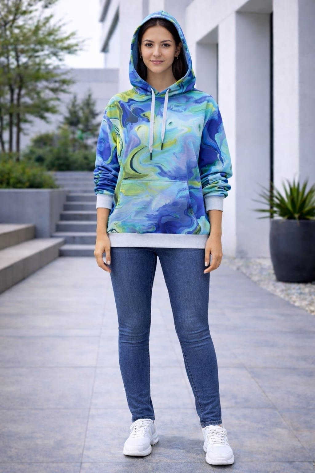 Abstract Desenli Oversize Kapüşonlu Üst