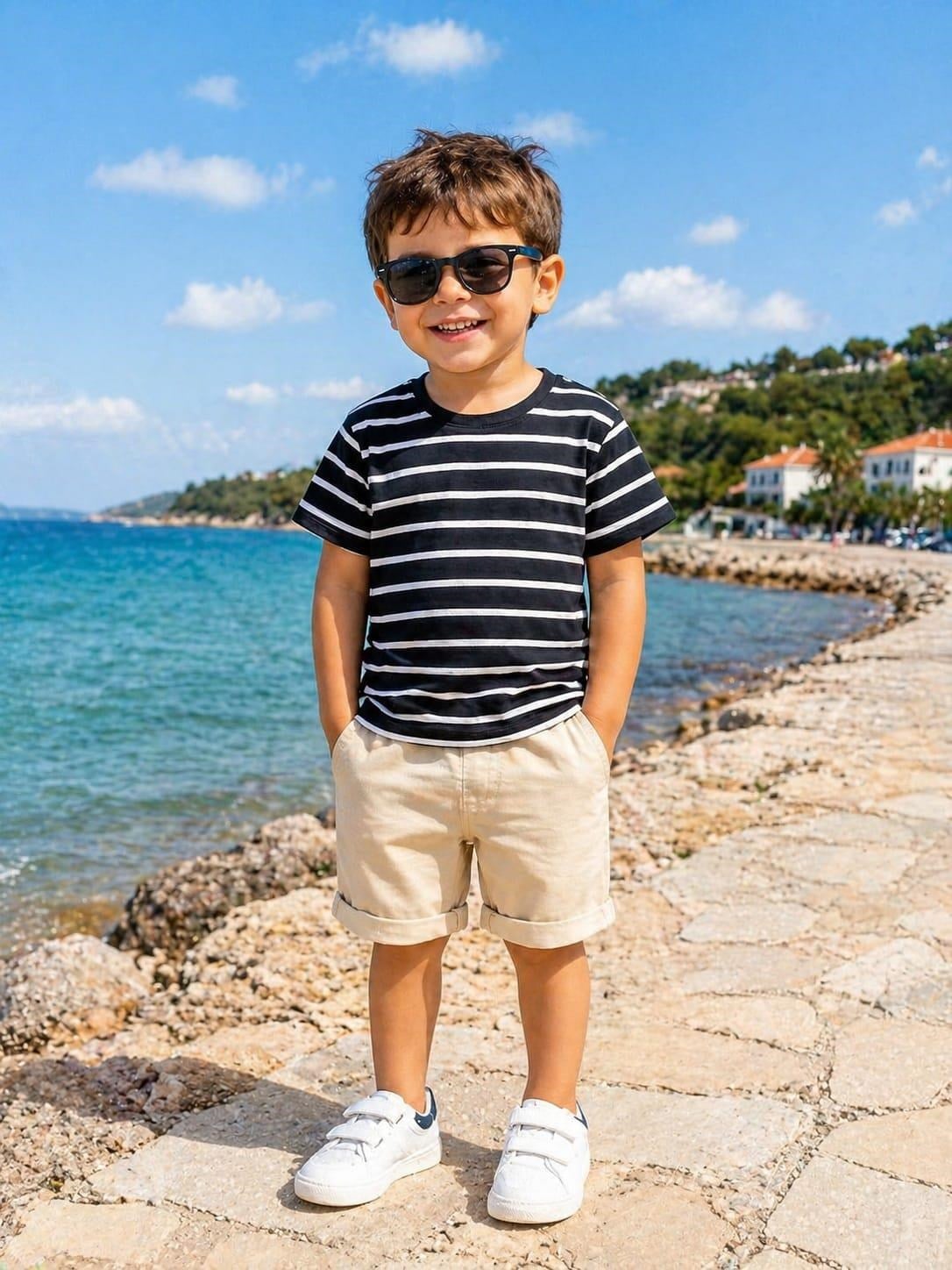 ALEXANDERGARDI Bisiklet Yaka Kısa Kollu Çizgili Çocuk T-shirt