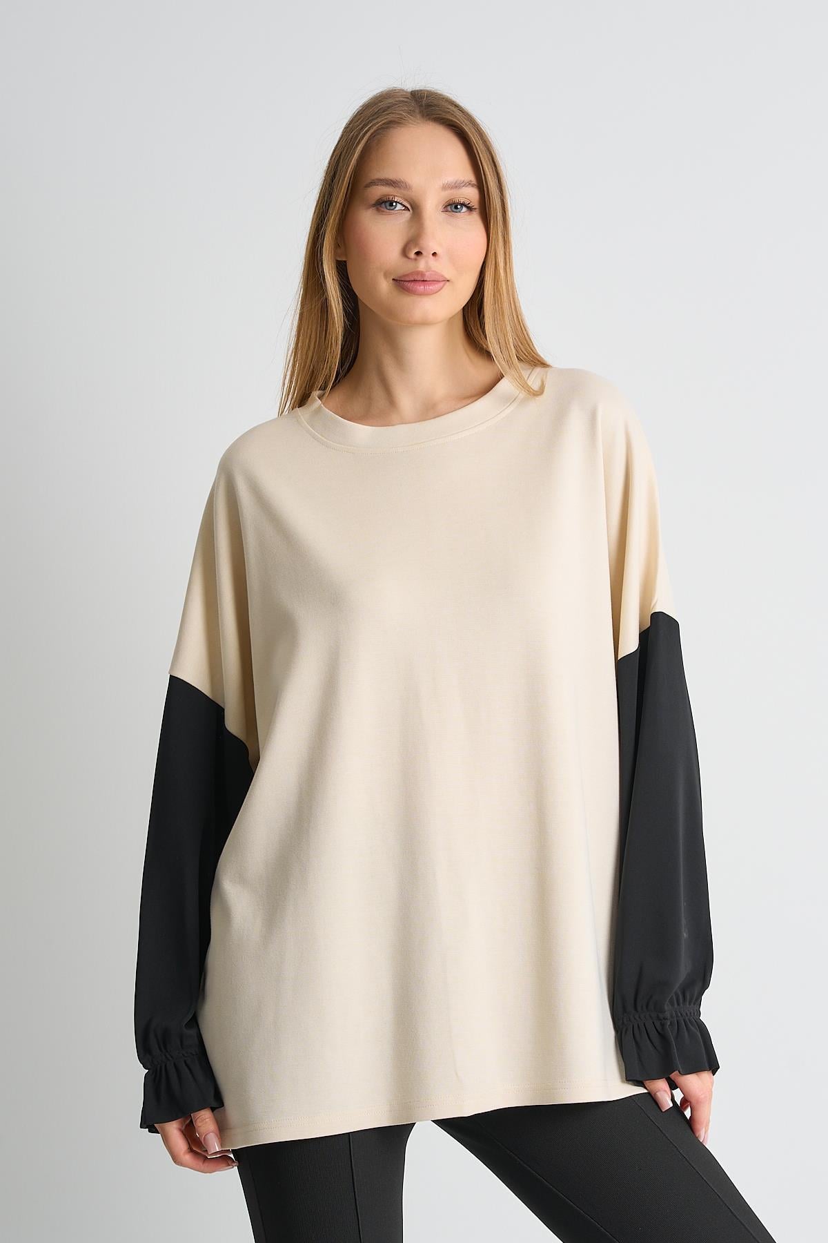 ALEXANDERGARDI Fırfırlı Kol Detaylı Garnili Renk Bloklu Kadın Sweatshirt