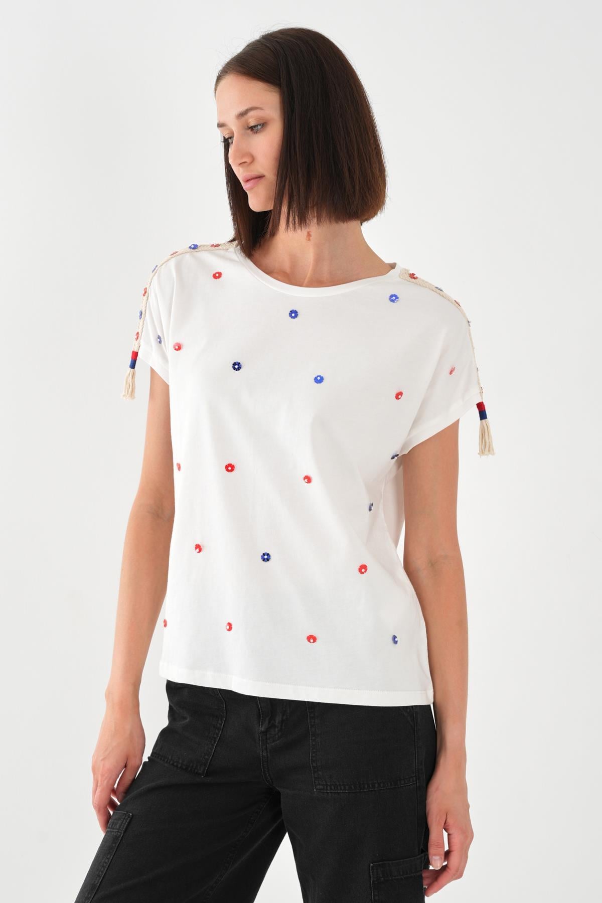 ALEXANDERGARDI Omuz Detaylı Çiçek Desenli Kadın T-shirt