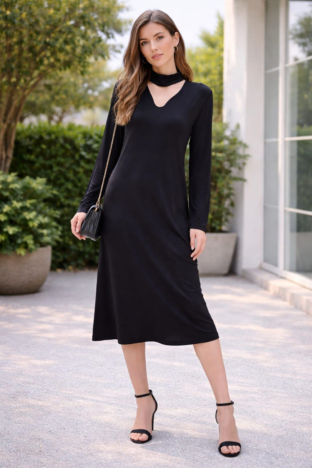 ALEXANDERGARDI V YAKA İSPANYOL KOL  BOYUNLUKLU SIRT YIRTMAÇ DETAYLI ELBİSE