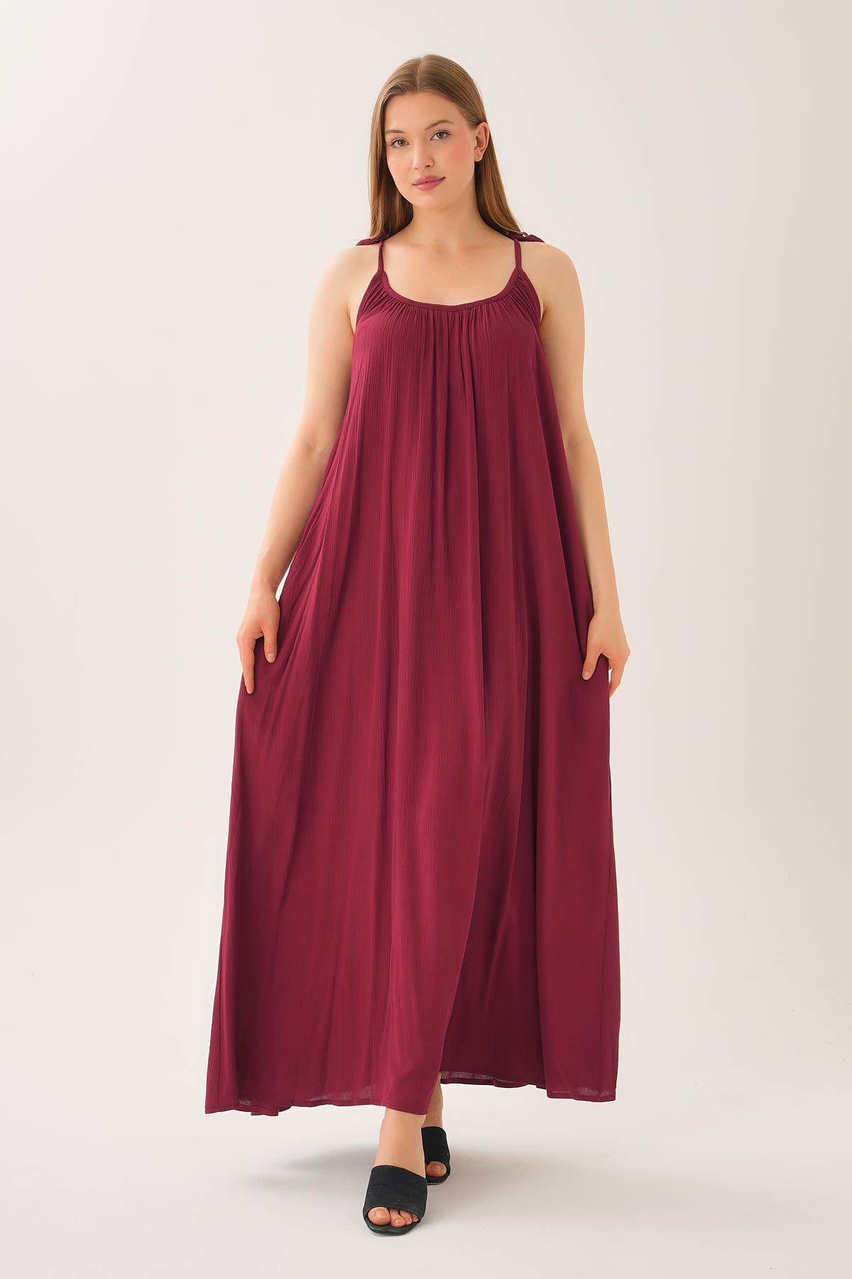 Bağlamalı İp Askılı Dökümlü Maxi Elbise