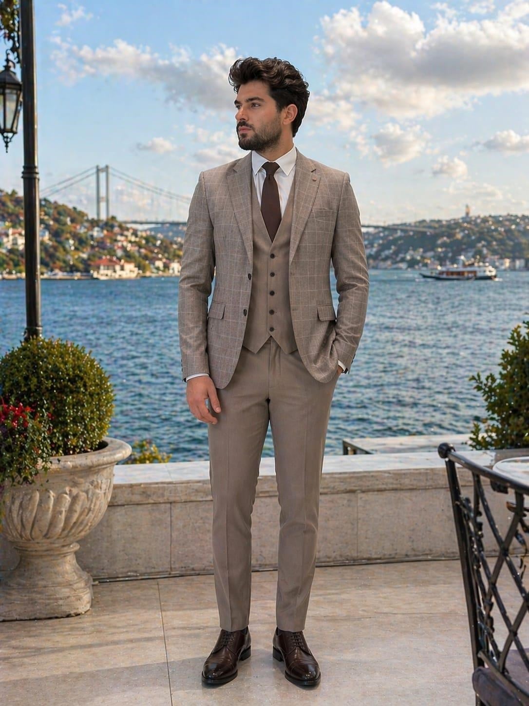 Ekose Yelekli Takım Elbise
