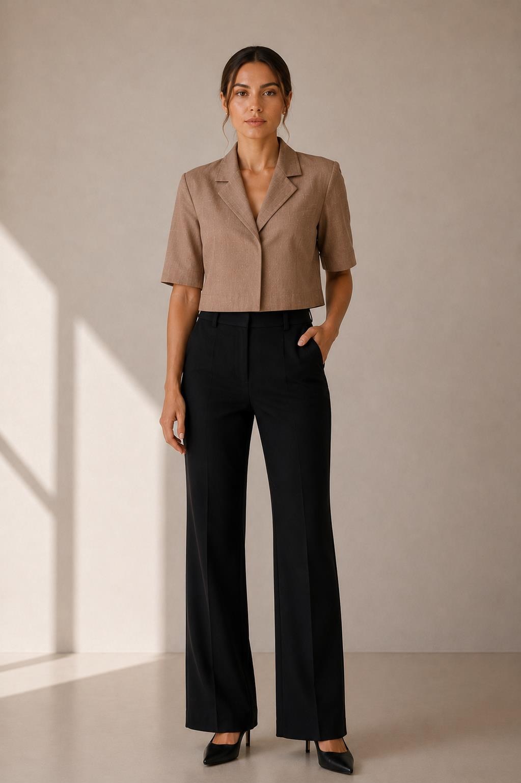 Keten Kısa Kollu Crop Blazer Ceket