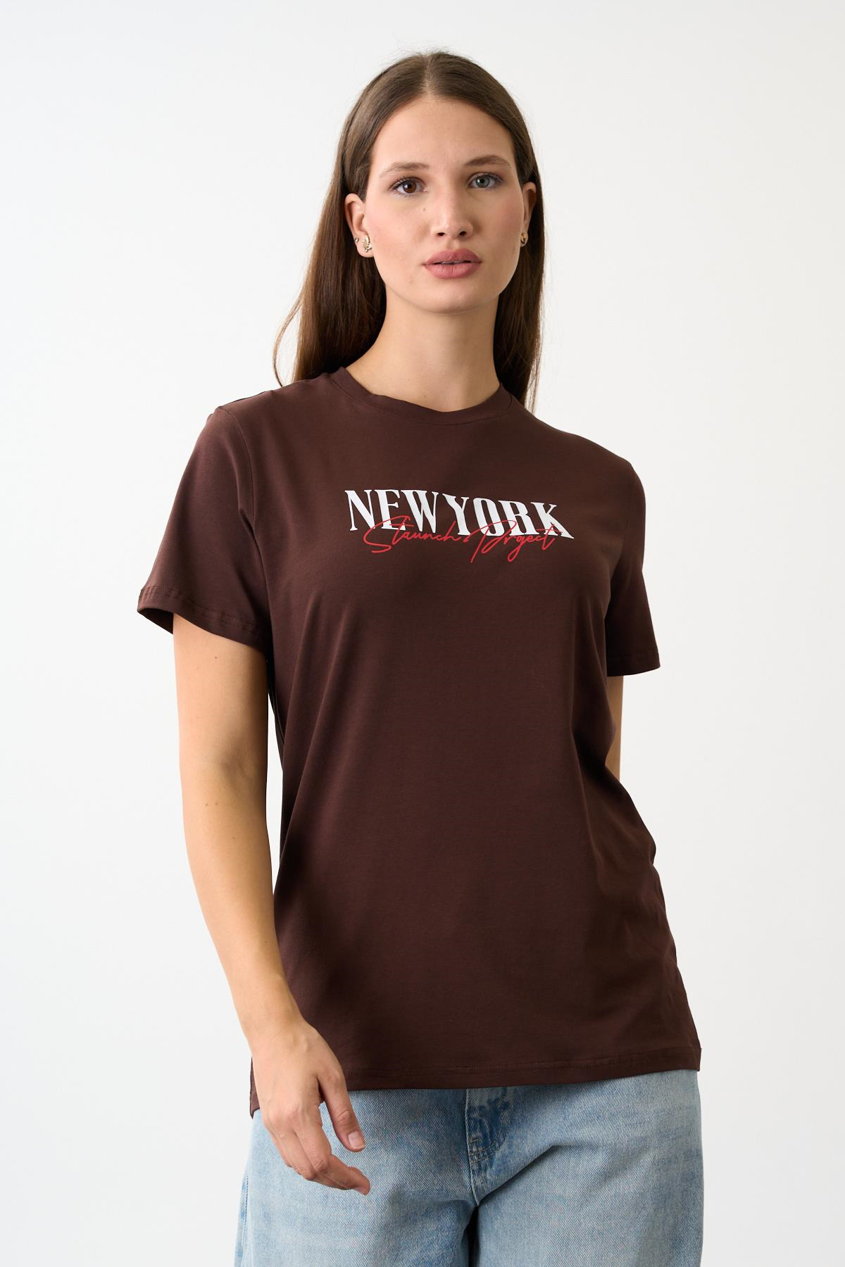 Oversize Geniş Kalıp Bisiklet Yaka Baskılı T-Shirt