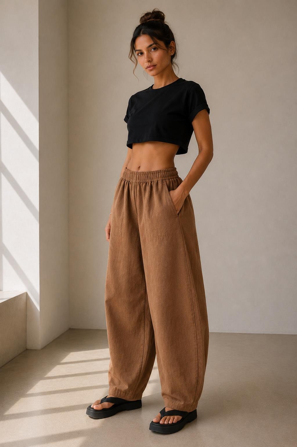 Pamuklu Dokulu Barrel Fit Pantolon