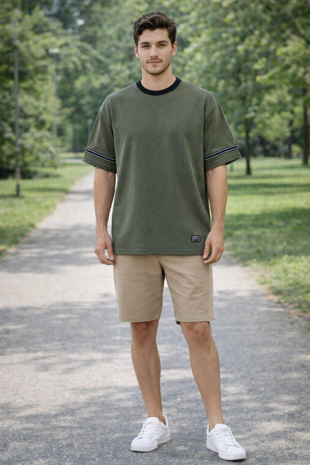 Şerit Detaylı Kontrast Yaka Basic T-Shirt