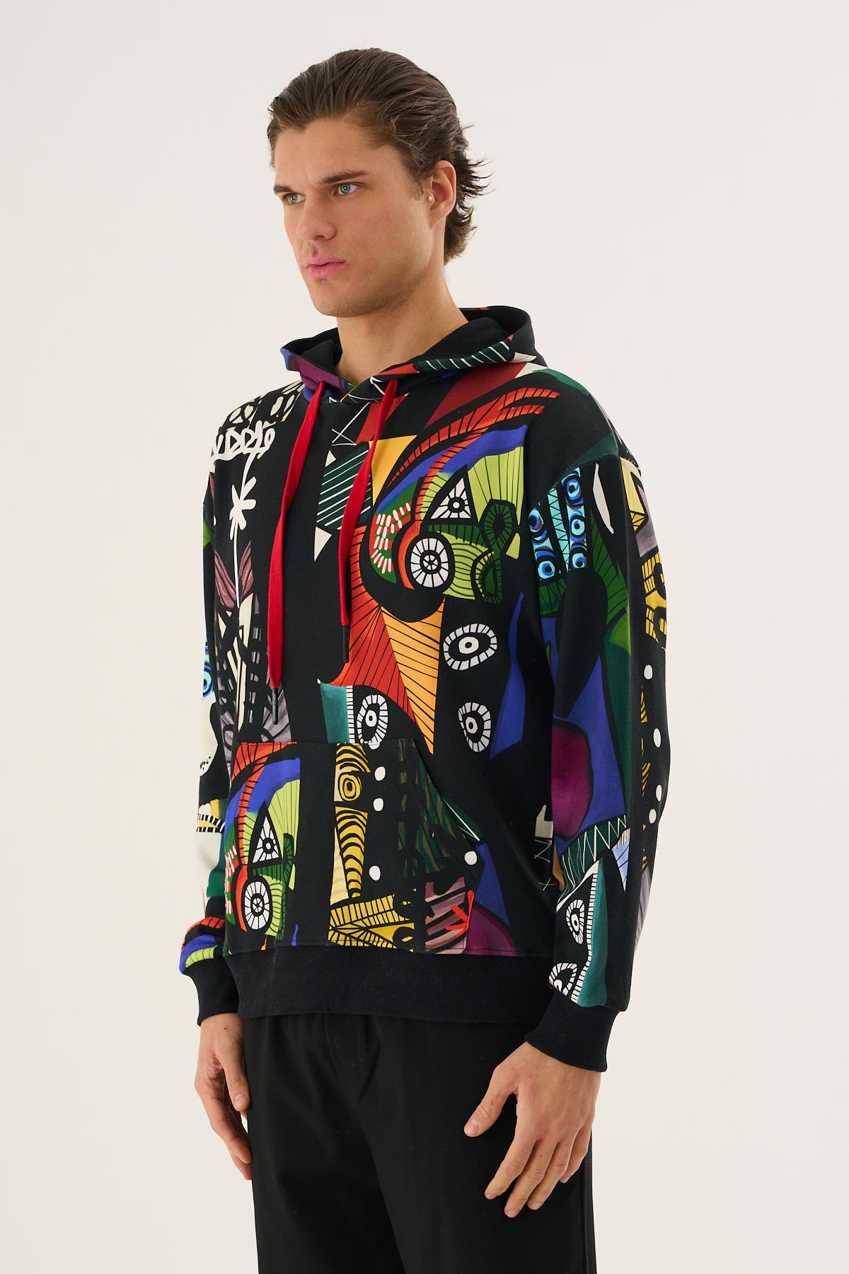 Abstract Desenli Oversize Kapüşonlu Üst