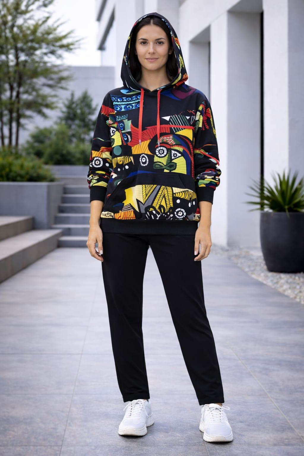 Abstract Desenli Oversize Kapüşonlu Üst