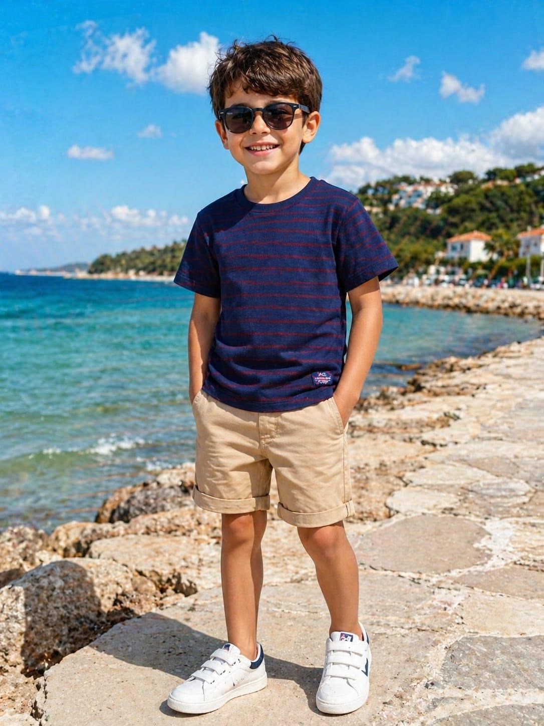 ALEXANDERGARDI Bisiklet Yaka Kısa Kollu Kaşkorse Çizgili Çocuk T-shirt