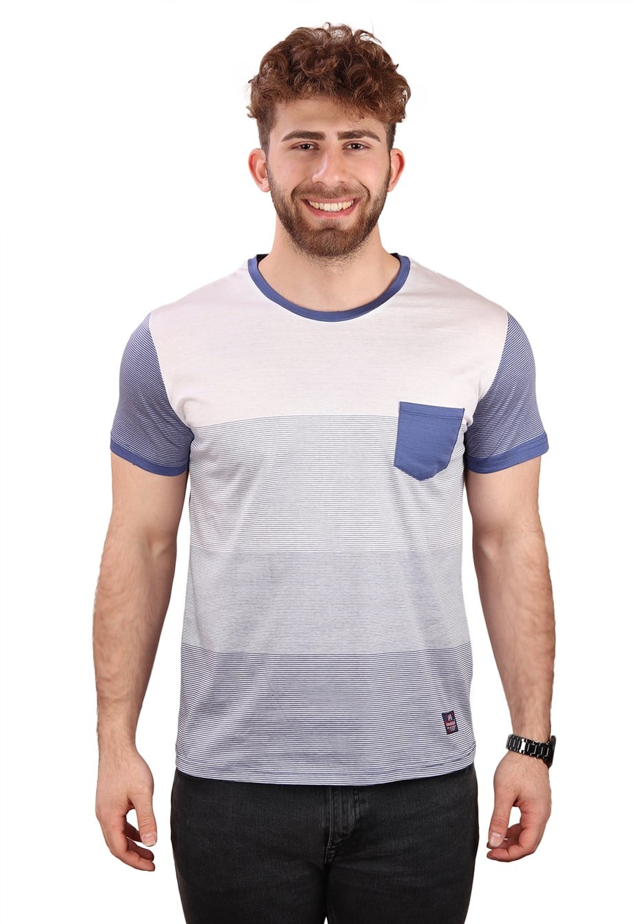 ALEXANDERGARDI ÇİZGİLİ BİSİKLET YAKA T-SHIRT, MAVİ (B19-27955)