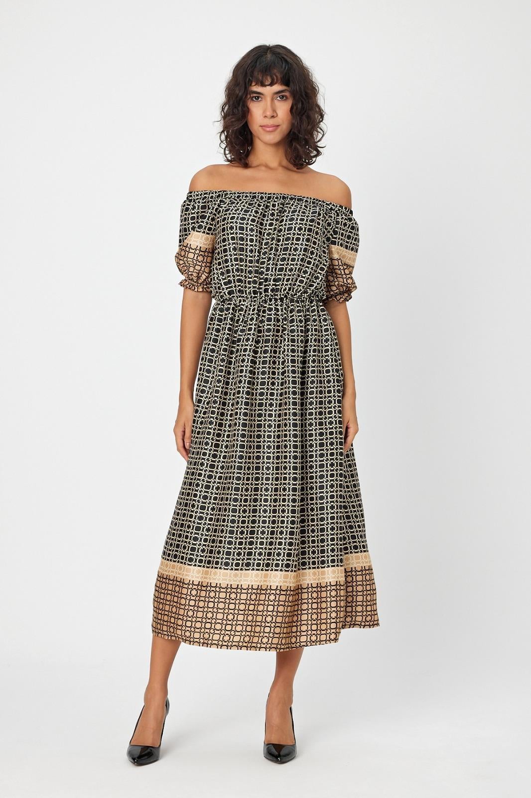 ALEXANDERGARDI LASTİKLİ MADONNA YAKA DESENLI ELBİSE (B24-00222)