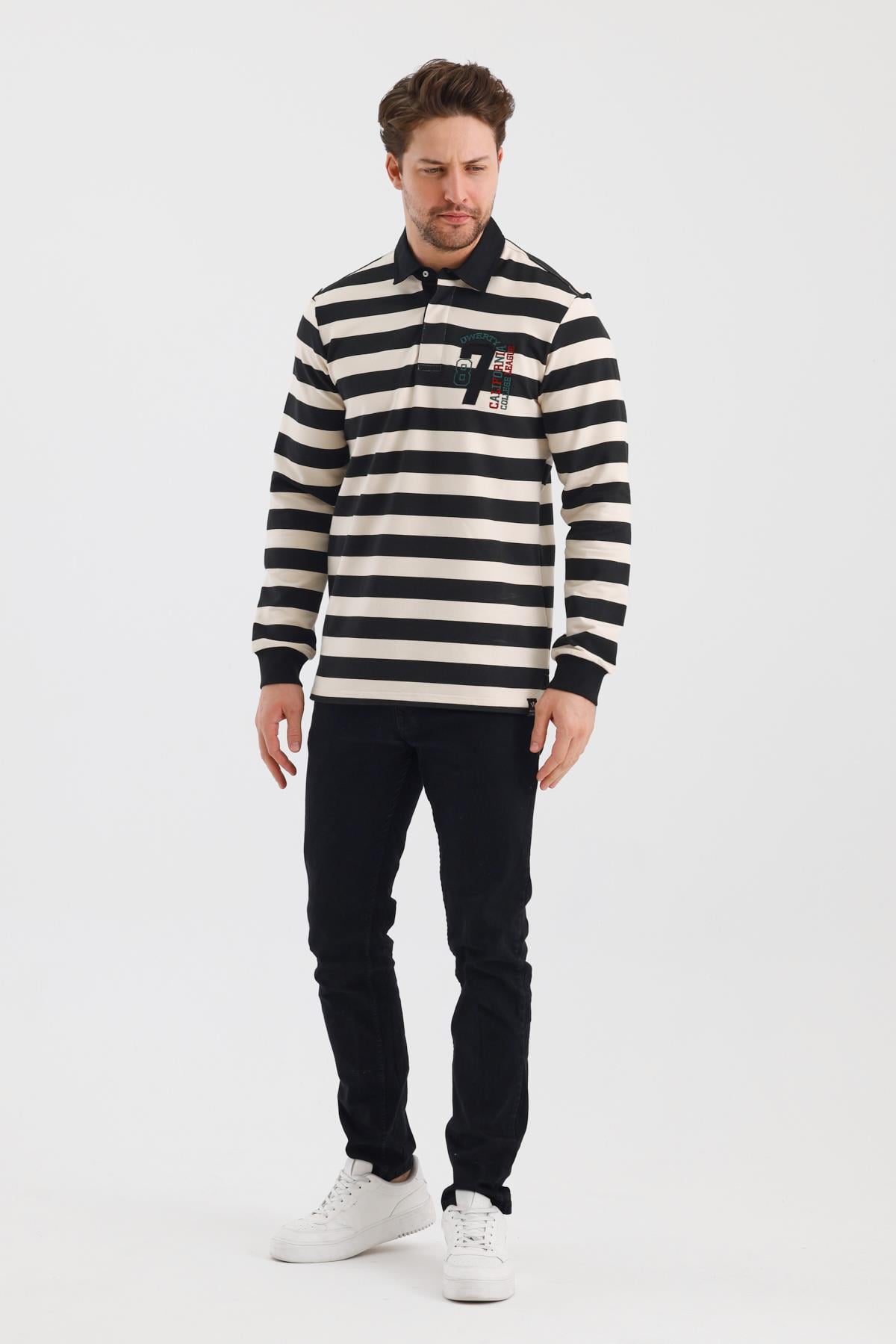 ALEXANDERGARDI POLO YAKA NAKIŞ APLİKELİ ÇİZGİLİ REGULAR FİT SWEATSHIRT (WK25214)