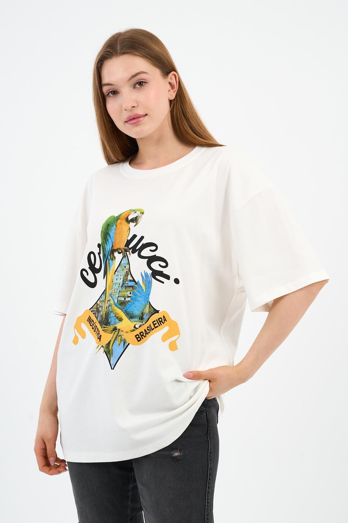 Bisiklet Yaka Baskılı Oversize T-shirt