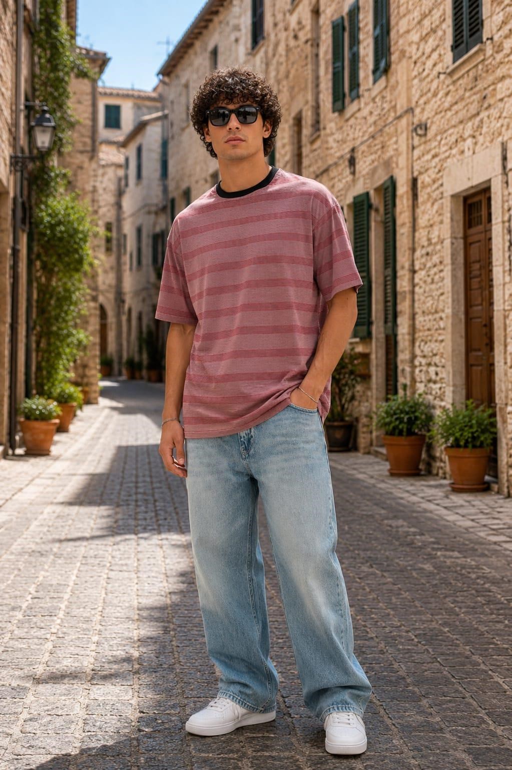 Bisiklet Yaka Çizgili Oversize T-shirt