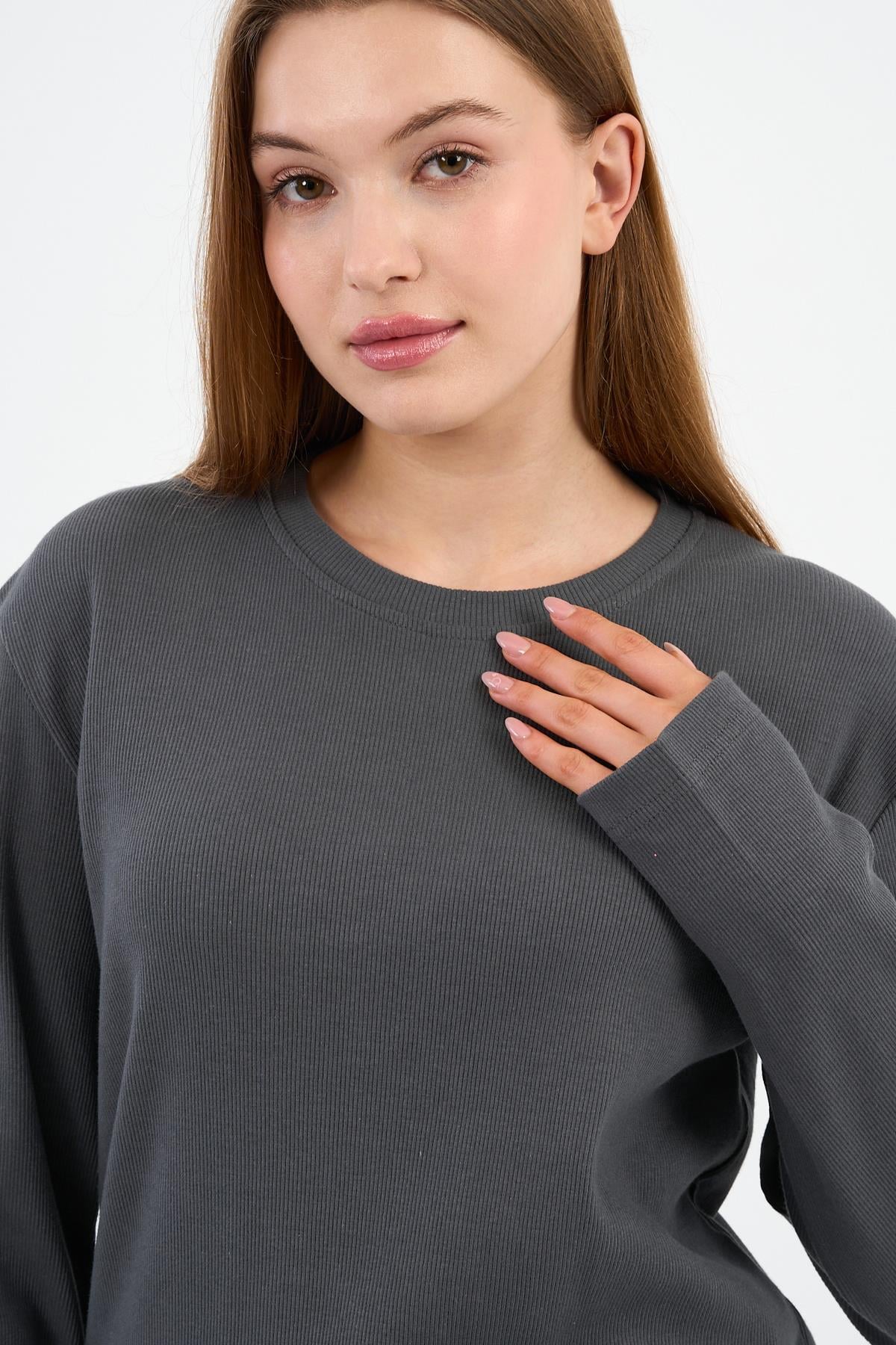 Bisiklet Yaka Likralı Uzun Kollu Kaşkorse Sweatshirt (WK25588)
