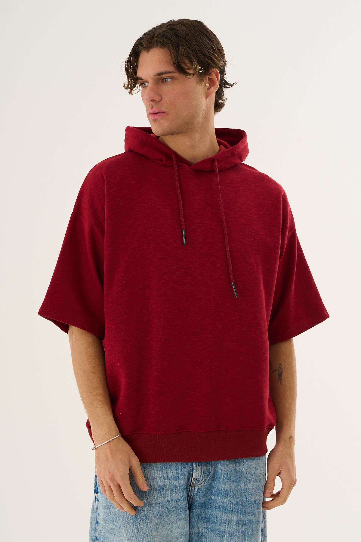 Cropped Kapüşonlu Kısa Kollu Sweatshirt
