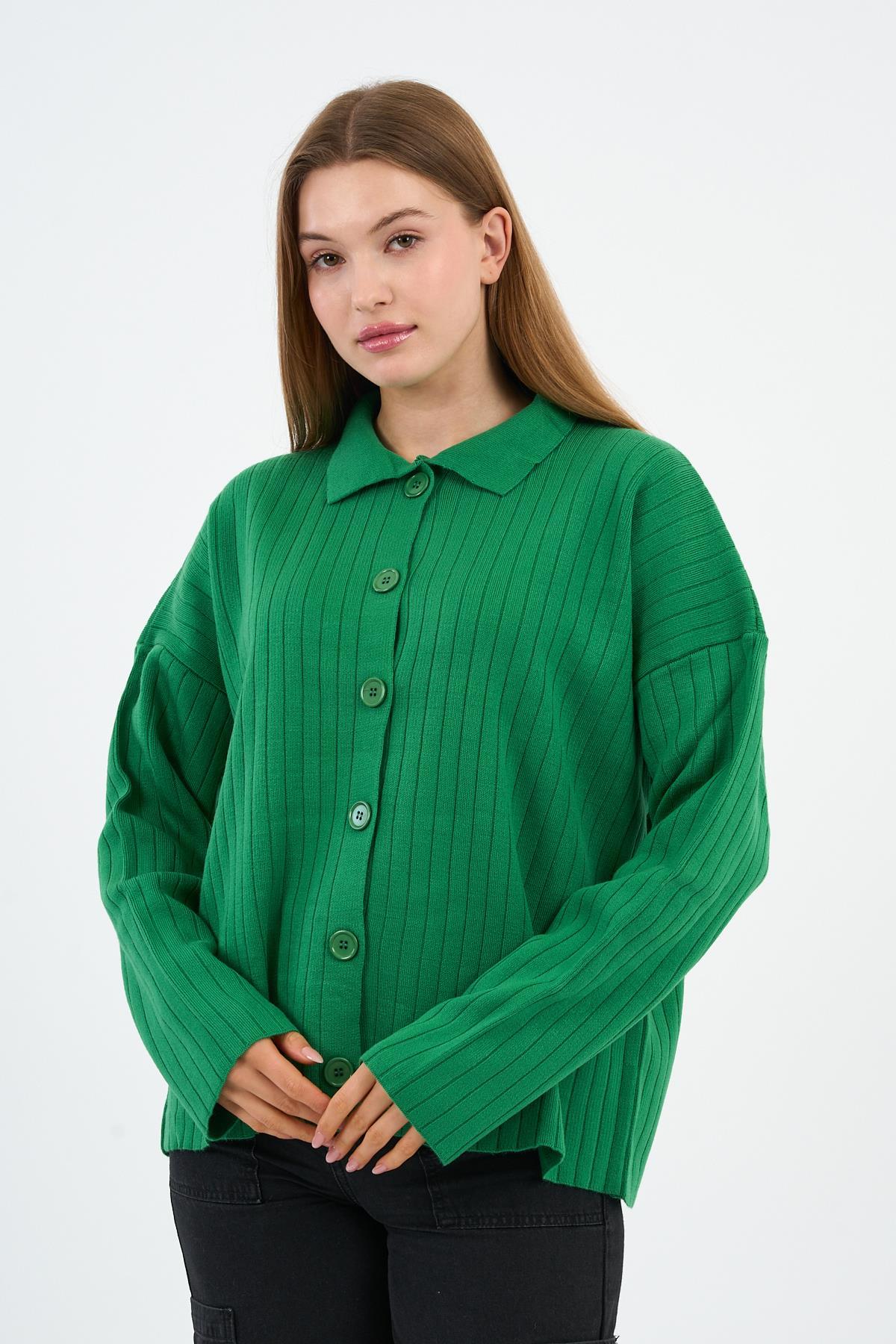 Fitilli Triko Gömlek Yaka Düğmeli Hırka (A92398-S-UST)